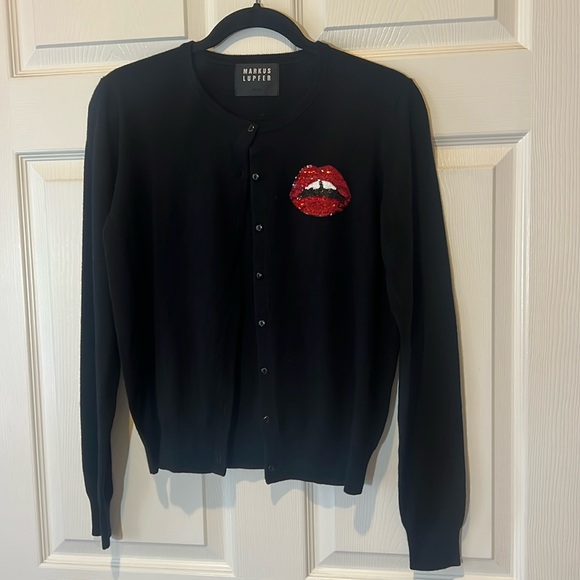 Markus Luger Black Merino Wool Red Sequin Lips Cardigan, Sz...